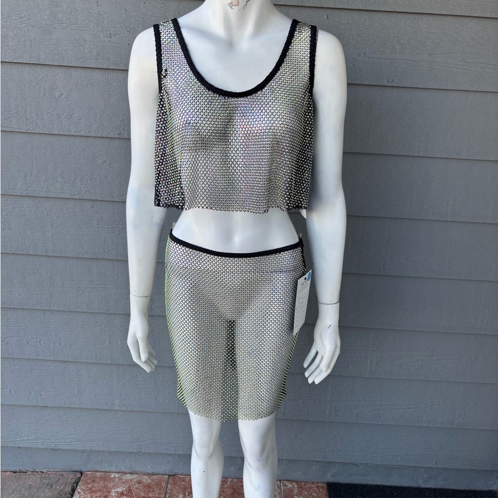 Hera Collection Iridescent Silver Sheer Mesh Crop Tank & Skirt Set